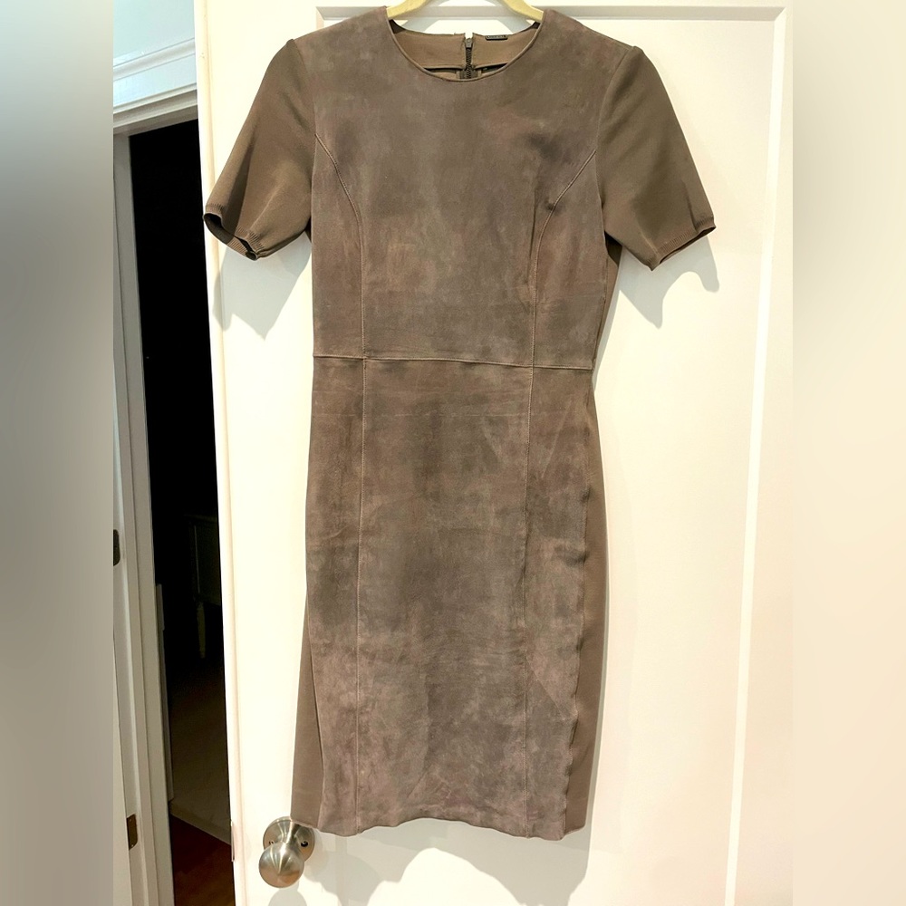 Elie Tahari brown suede midi sheath dress perfect for fall!